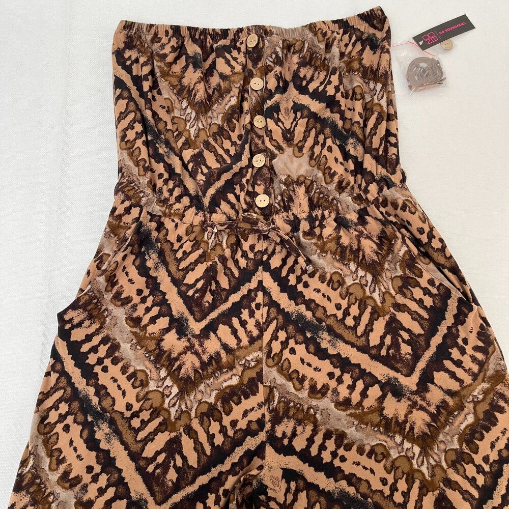 *NWT* No Boundaries Brown Black Animal Print Tribal Jumpsuit Strapless L 11/13